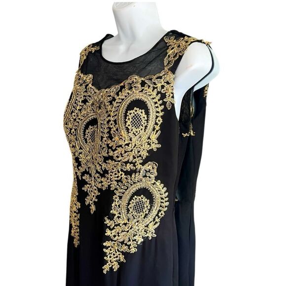 Black And Gold Mesh Embroidered Full Train Gown Evening Dress Size M - Picture 4 of 10